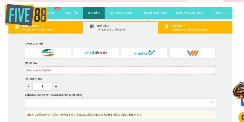 Các phương thức rút tiền nhanh tại FIVE88